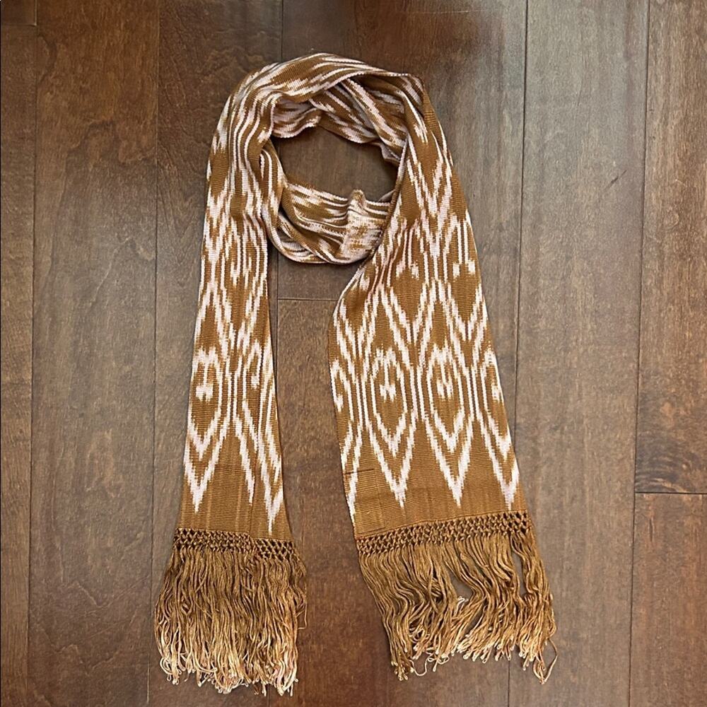Chic Handmade Tan and Pink Ikat Patterned Scarf with Fringed Ends From Ecuador